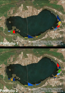 Figure 2. Management actions portfolios for multiple freshwater impoundments on Mattamuskeet National Wildlife Refuge. Each colored area represents a specific combination of hydroperiod and vegetation manipulation possible at each of the refuge’s 14 impoundments. Two of many possible portfolios shown.